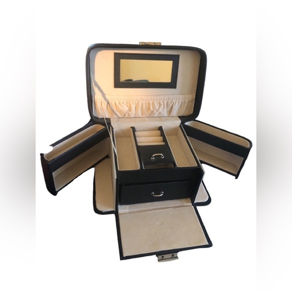 Small Black Faux Leather Jewelry Box Slide Outs Pockets Ring Box Drawer 8X5X5 - Picture 1 of 11